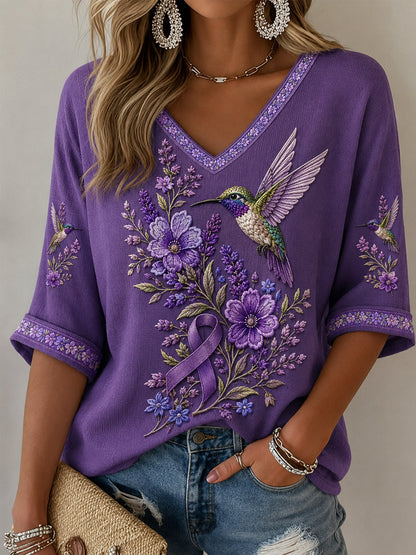 Frauen lila Blumen-und Kolibri druck Alzheimer-Bewusstseins unterstützung mit halben Ärmeln V-Ausschnitt T-Shirt