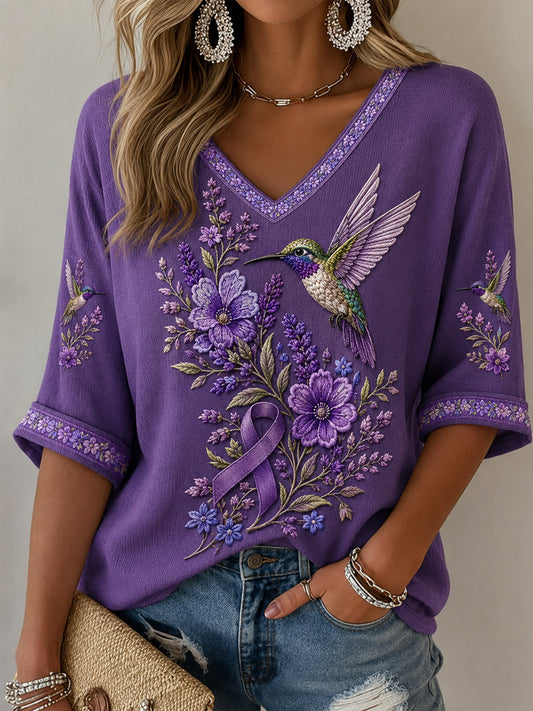 Frauen lila Blumen-und Kolibri druck Alzheimer-Bewusstseins unterstützung mit halben Ärmeln V-Ausschnitt T-Shirt