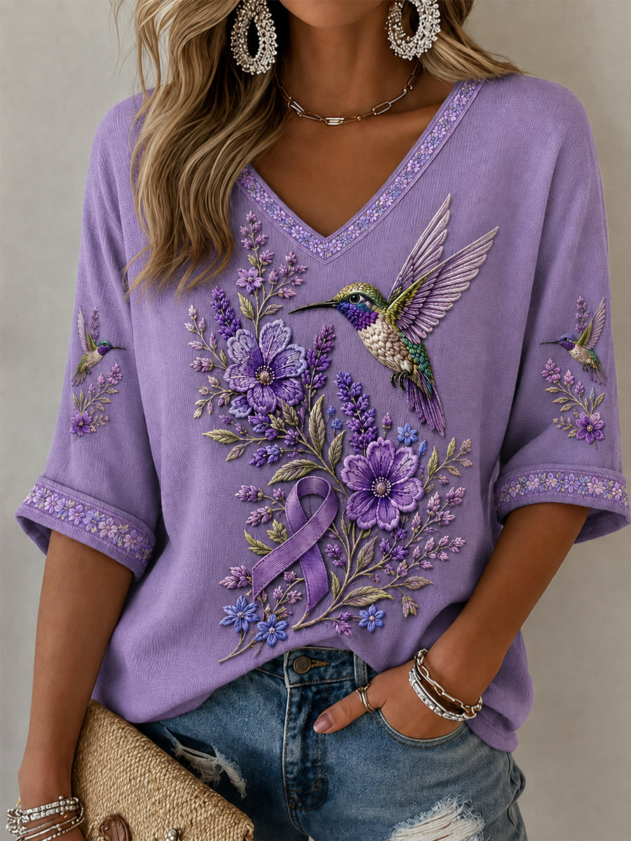 Frauen lila Blumen-und Kolibri druck Alzheimer-Bewusstseins unterstützung mit halben Ärmeln V-Ausschnitt T-Shirt