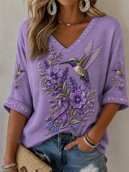 Frauen lila Blumen-und Kolibri druck Alzheimer-Bewusstseins unterstützung mit halben Ärmeln V-Ausschnitt T-Shirt