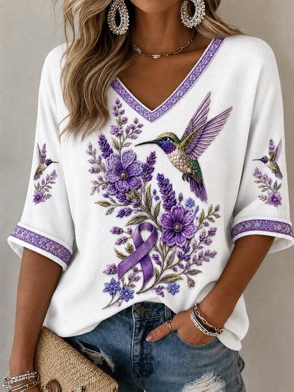 Frauen lila Blumen-und Kolibri druck Alzheimer-Bewusstseins unterstützung mit halben Ärmeln V-Ausschnitt T-Shirt