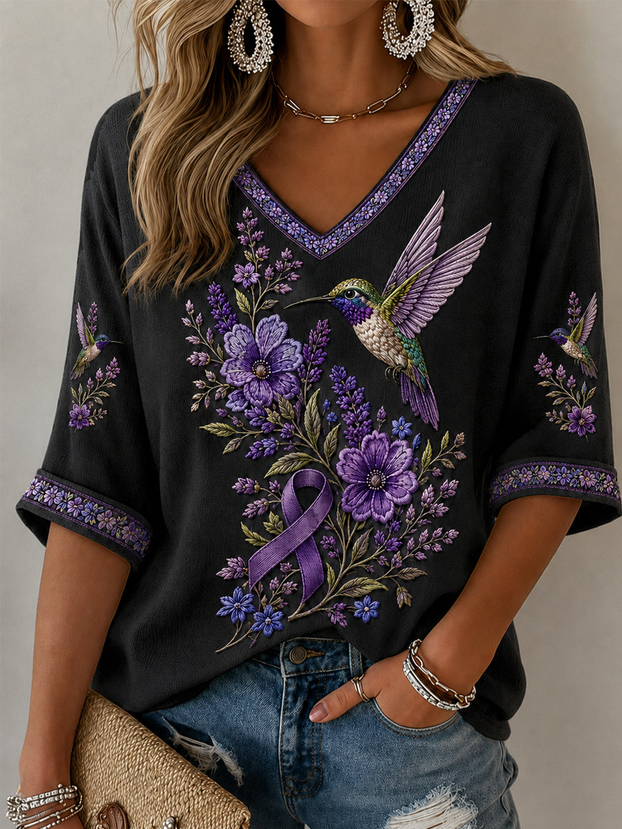 Frauen lila Blumen-und Kolibri druck Alzheimer-Bewusstseins unterstützung mit halben Ärmeln V-Ausschnitt T-Shirt