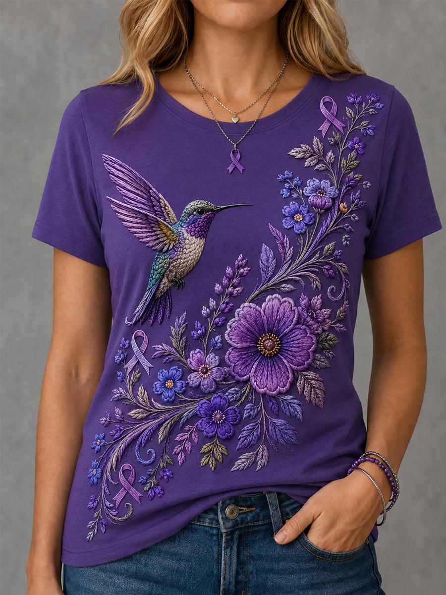 Frauen Lila Blumen-und Kolibri druck Alzheimer-Sensi bilisierung support T-Shirt