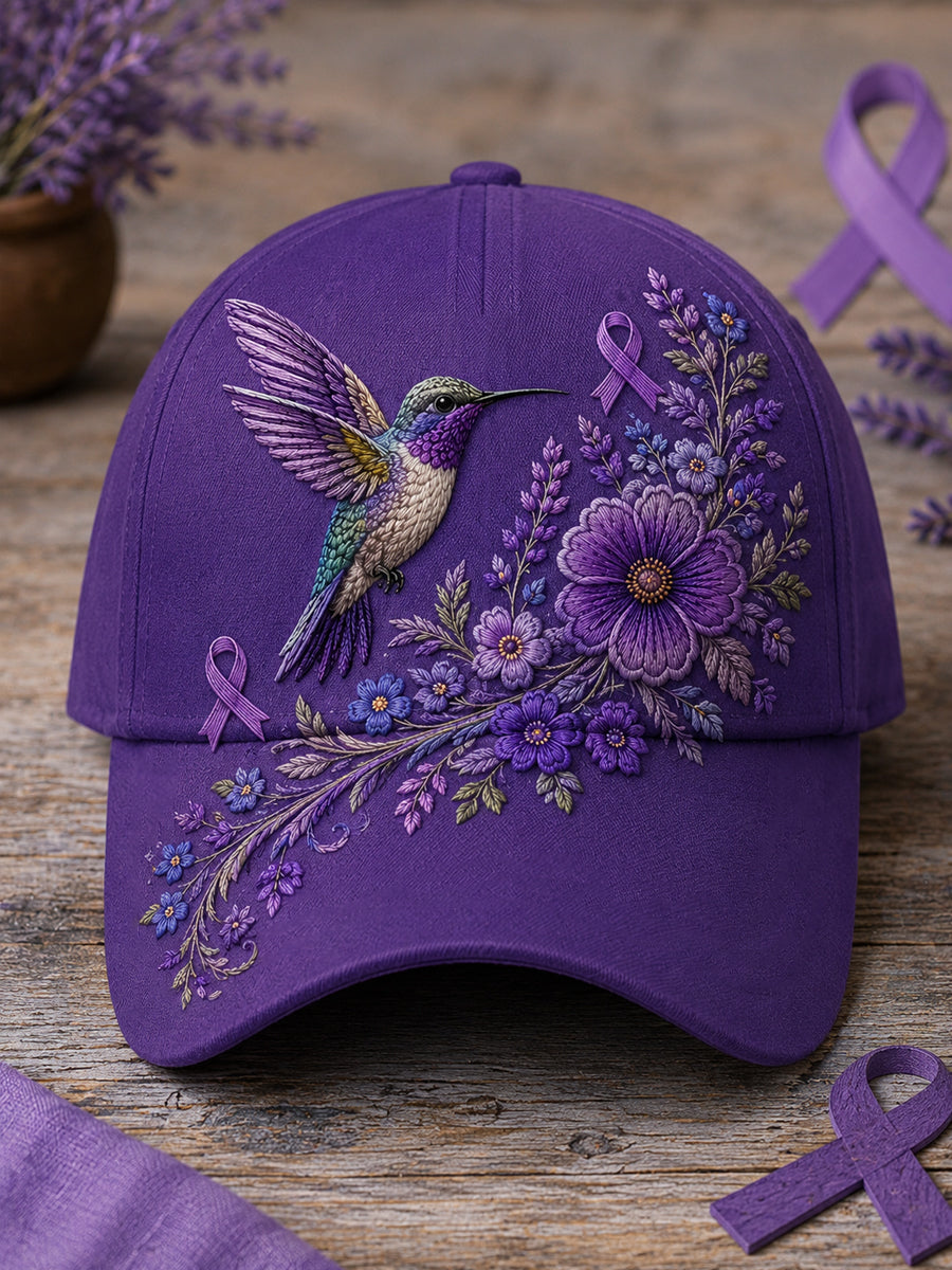 Unisex Lila Blumen-und Kolibri druck Alzheimer-Bewusstseins unterstützung hut