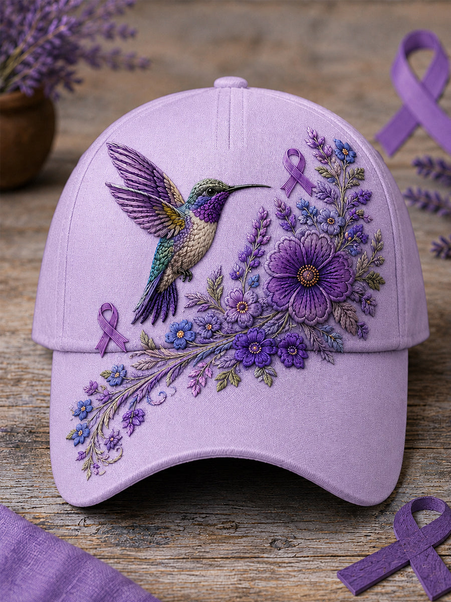 Unisex Lila Blumen-und Kolibri druck Alzheimer-Bewusstseins unterstützung hut