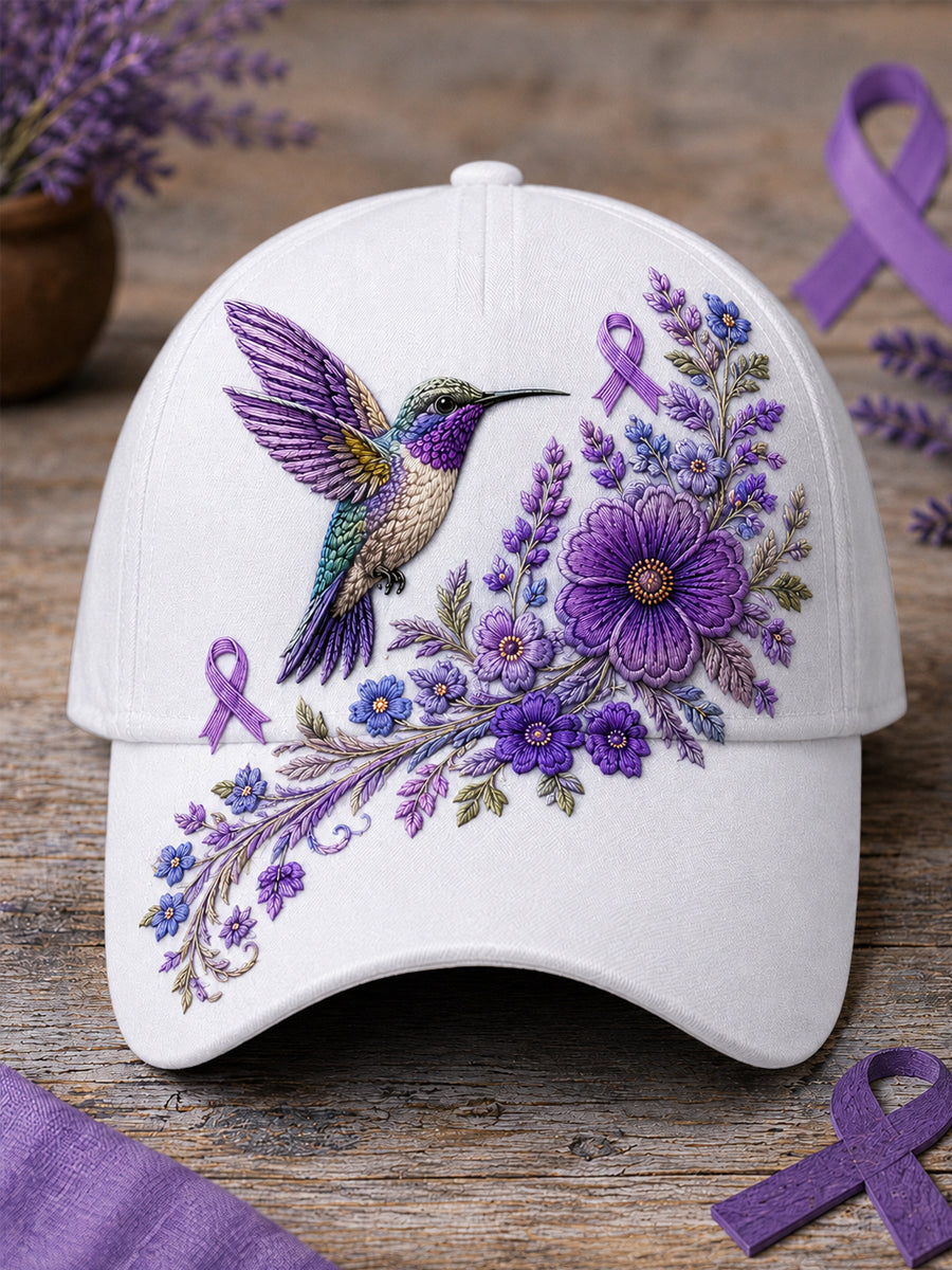 Unisex Lila Blumen-und Kolibri druck Alzheimer-Bewusstseins unterstützung hut