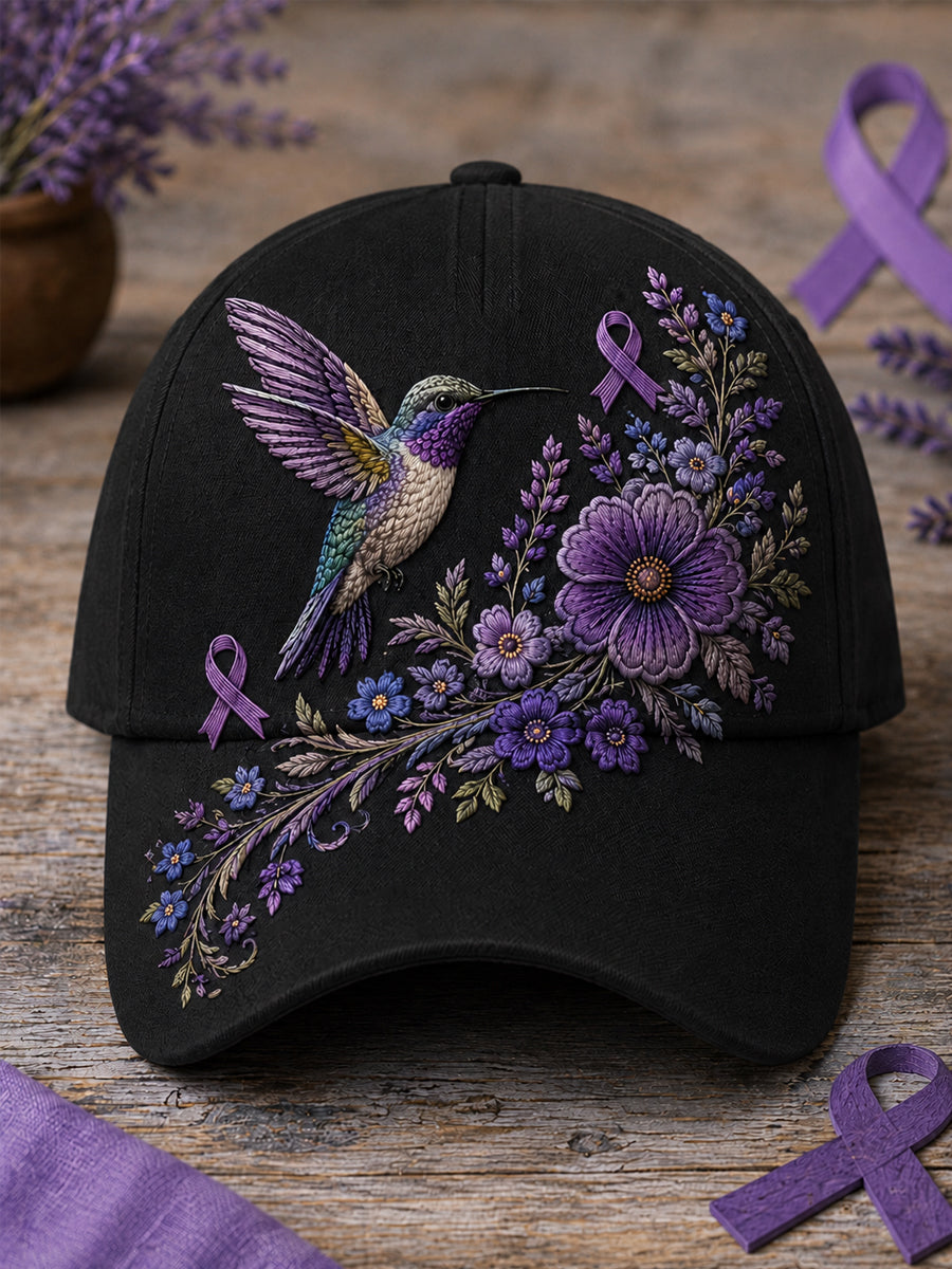 Unisex Lila Blumen-und Kolibri druck Alzheimer-Bewusstseins unterstützung hut