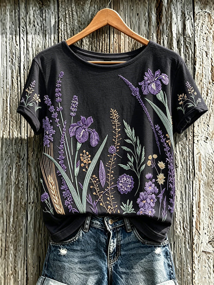 Bedrucktes lässiges T-Shirt mit lila Pflanzen blumen muster für Frauen