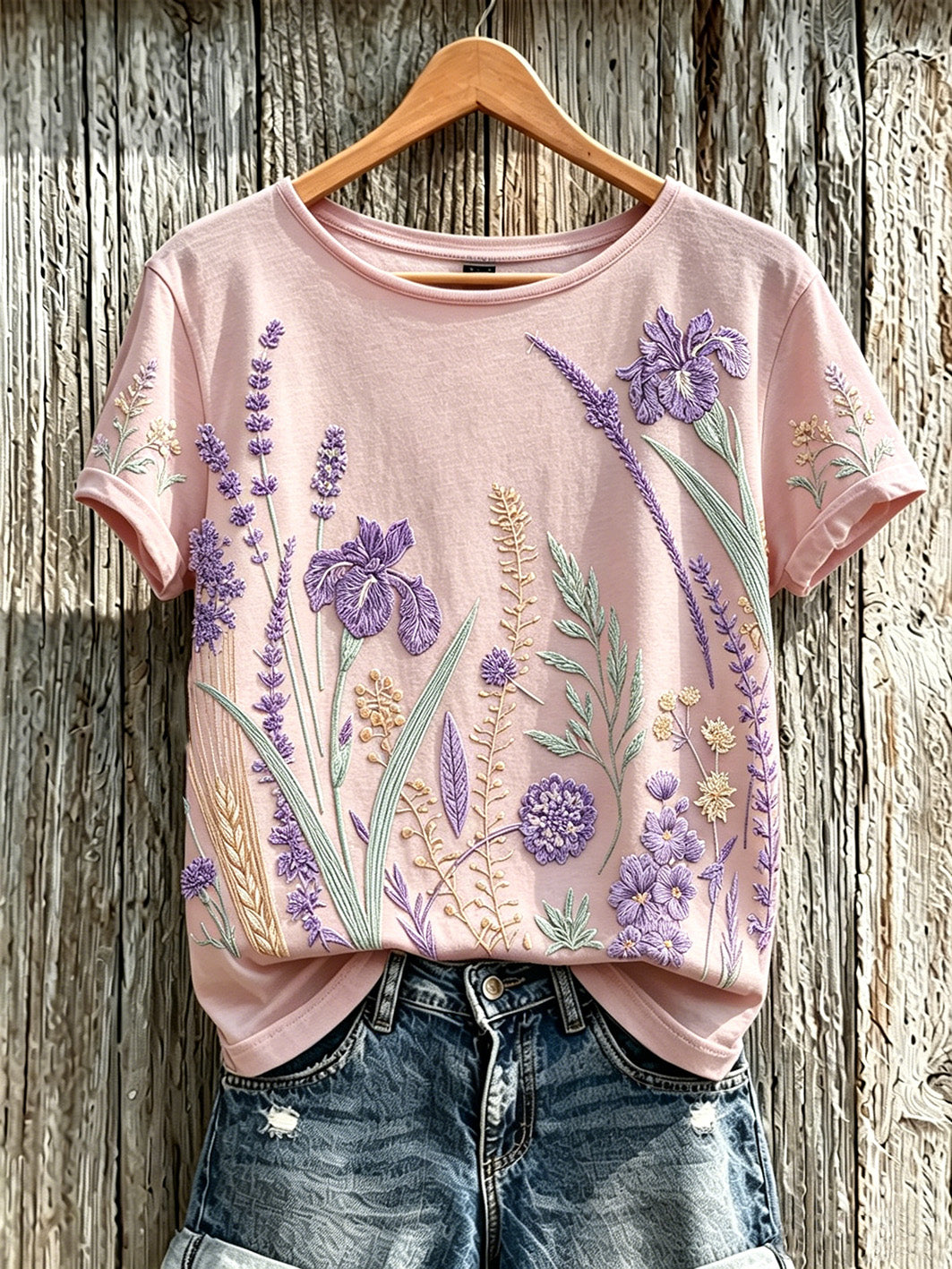 Bedrucktes lässiges T-Shirt mit lila Pflanzen blumen muster für Frauen