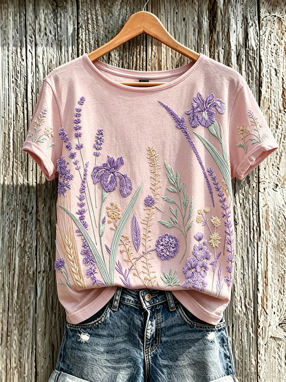 Bedrucktes lässiges T-Shirt mit lila Pflanzen blumen muster für Frauen