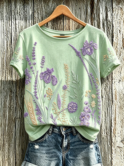Bedrucktes lässiges T-Shirt mit lila Pflanzen blumen muster für Frauen