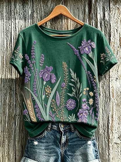 Bedrucktes lässiges T-Shirt mit lila Pflanzen blumen muster für Frauen