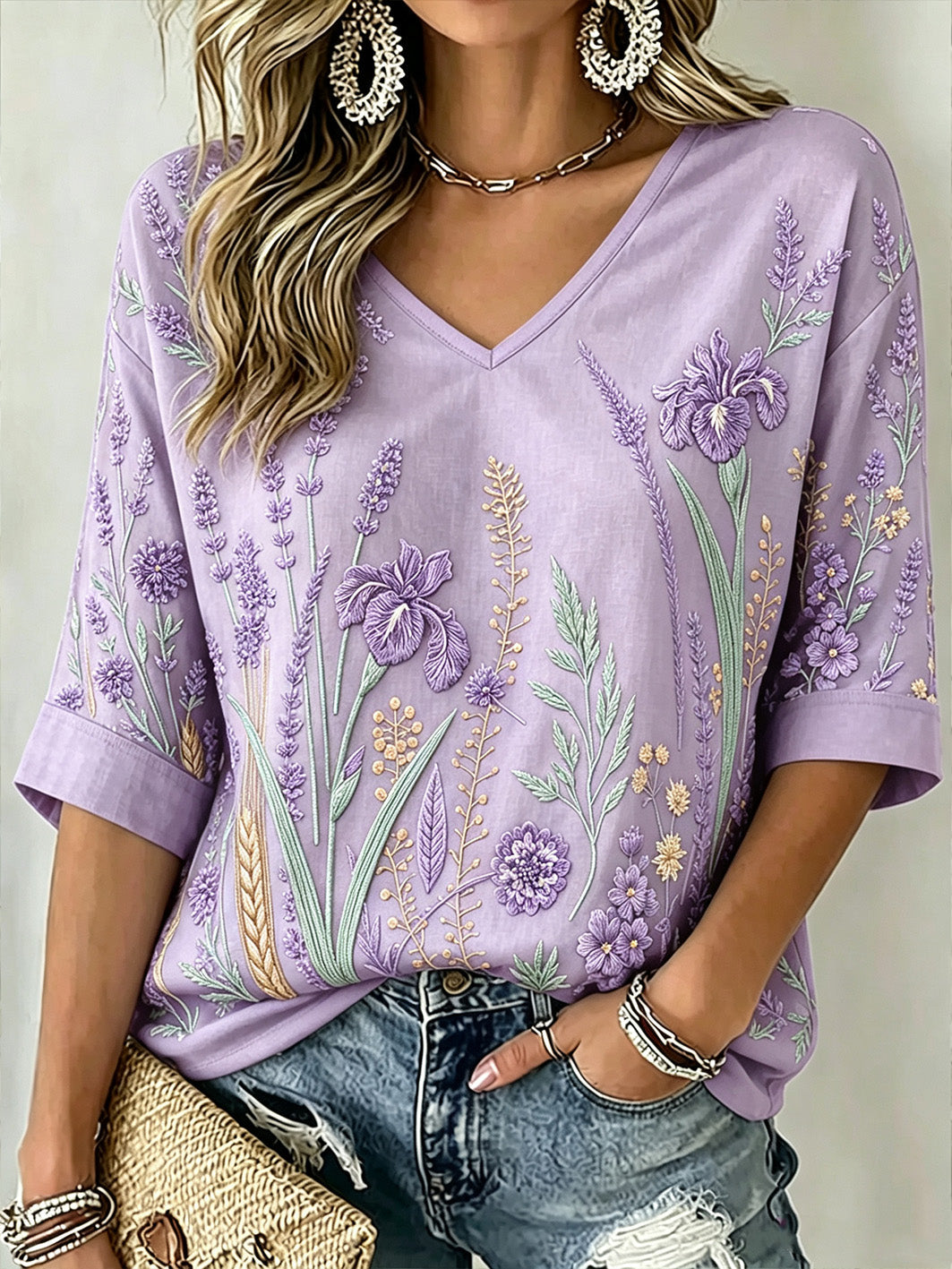 Damen-T-Shirt mit V-Ausschnitt, lila Pflanzen muster, bedrucktes, mittellanges Ärmel