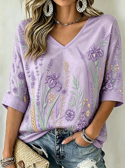 Damen-T-Shirt mit V-Ausschnitt, lila Pflanzen muster, bedrucktes, mittellanges Ärmel