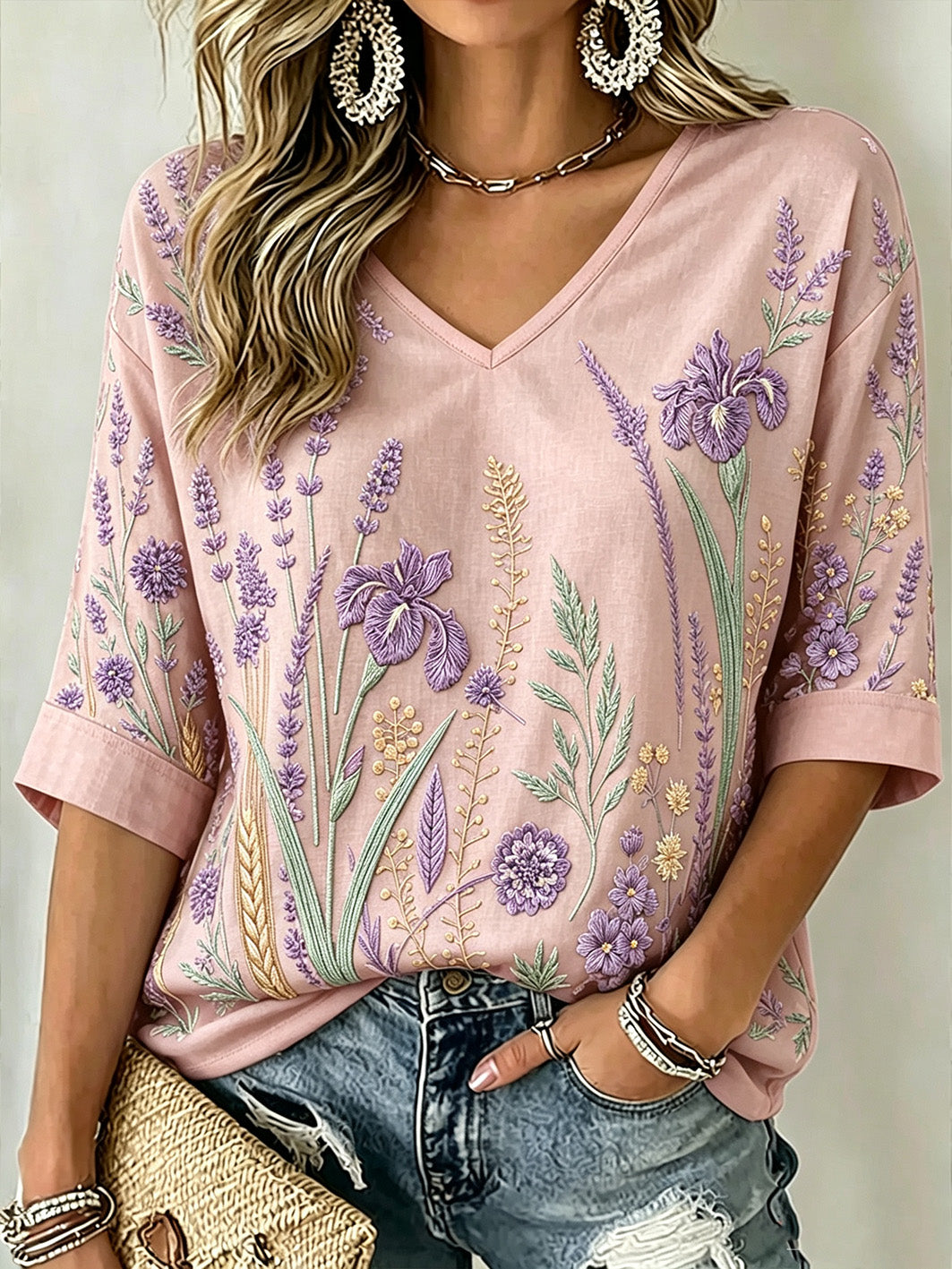 Damen-T-Shirt mit V-Ausschnitt, lila Pflanzen muster, bedrucktes, mittellanges Ärmel