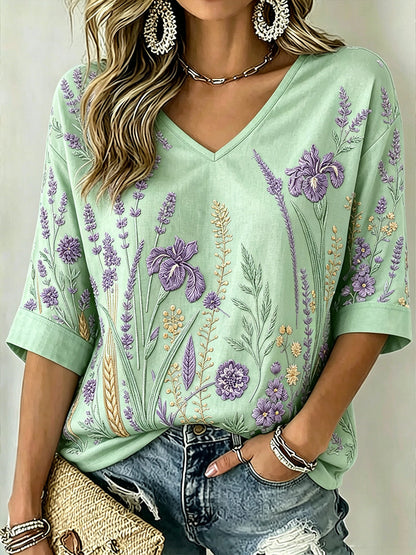 Damen-T-Shirt mit V-Ausschnitt, lila Pflanzen muster, bedrucktes, mittellanges Ärmel