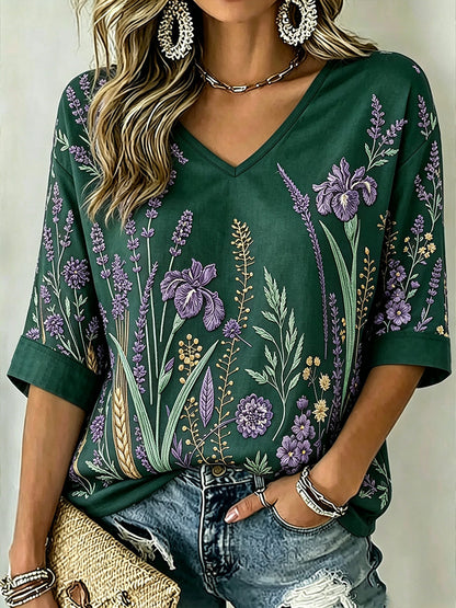 Damen-T-Shirt mit V-Ausschnitt, lila Pflanzen muster, bedrucktes, mittellanges Ärmel