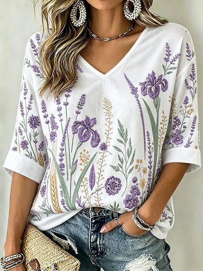 Damen-T-Shirt mit V-Ausschnitt, lila Pflanzen muster, bedrucktes, mittellanges Ärmel
