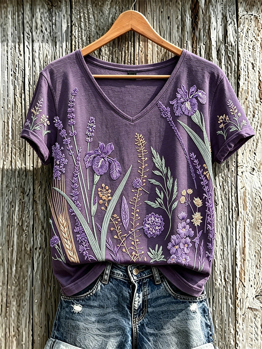 Lässiges T-Shirt für Damen mit violettem Pflanzenblütenmuster