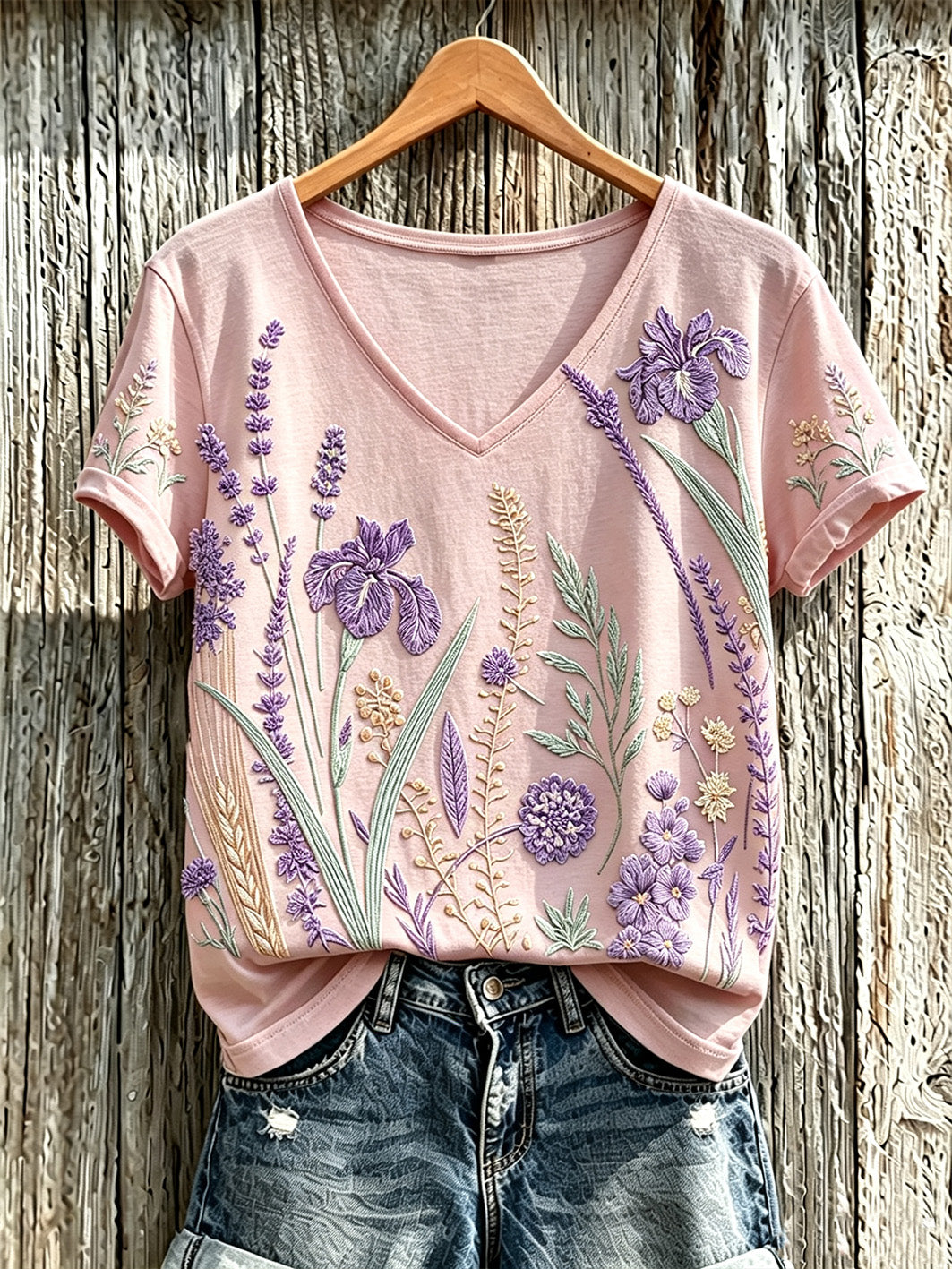 Lässiges T-Shirt für Damen mit violettem Pflanzenblütenmuster