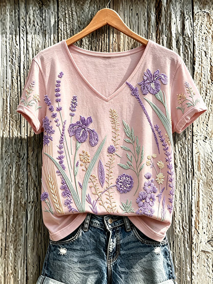 Lässiges T-Shirt für Damen mit violettem Pflanzenblütenmuster