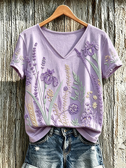 Lässiges T-Shirt für Damen mit violettem Pflanzenblütenmuster