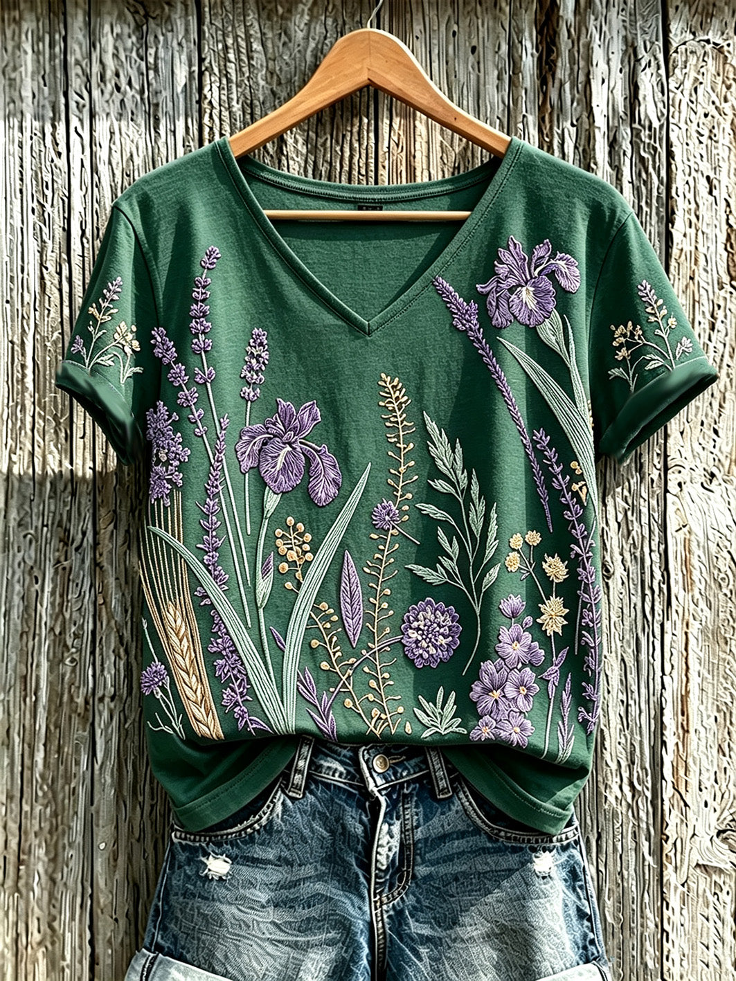 Lässiges T-Shirt für Damen mit violettem Pflanzenblütenmuster