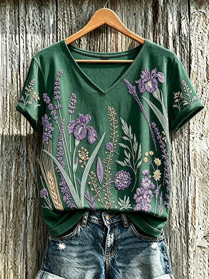 Lässiges T-Shirt für Damen mit violettem Pflanzenblütenmuster