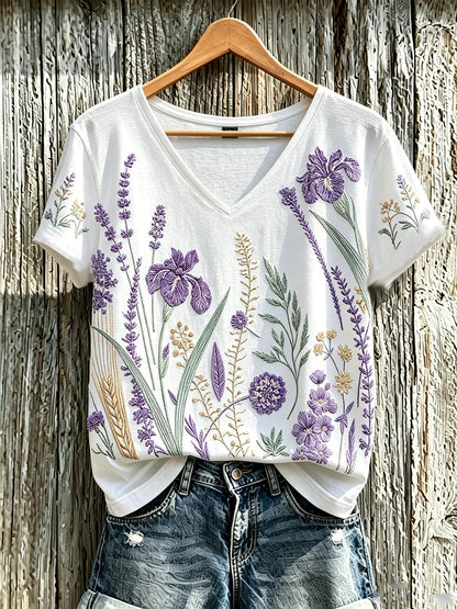 Lässiges T-Shirt für Damen mit violettem Pflanzenblütenmuster