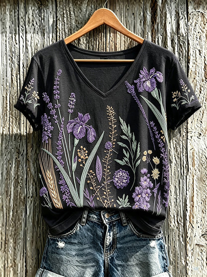 Lässiges T-Shirt für Damen mit violettem Pflanzenblütenmuster