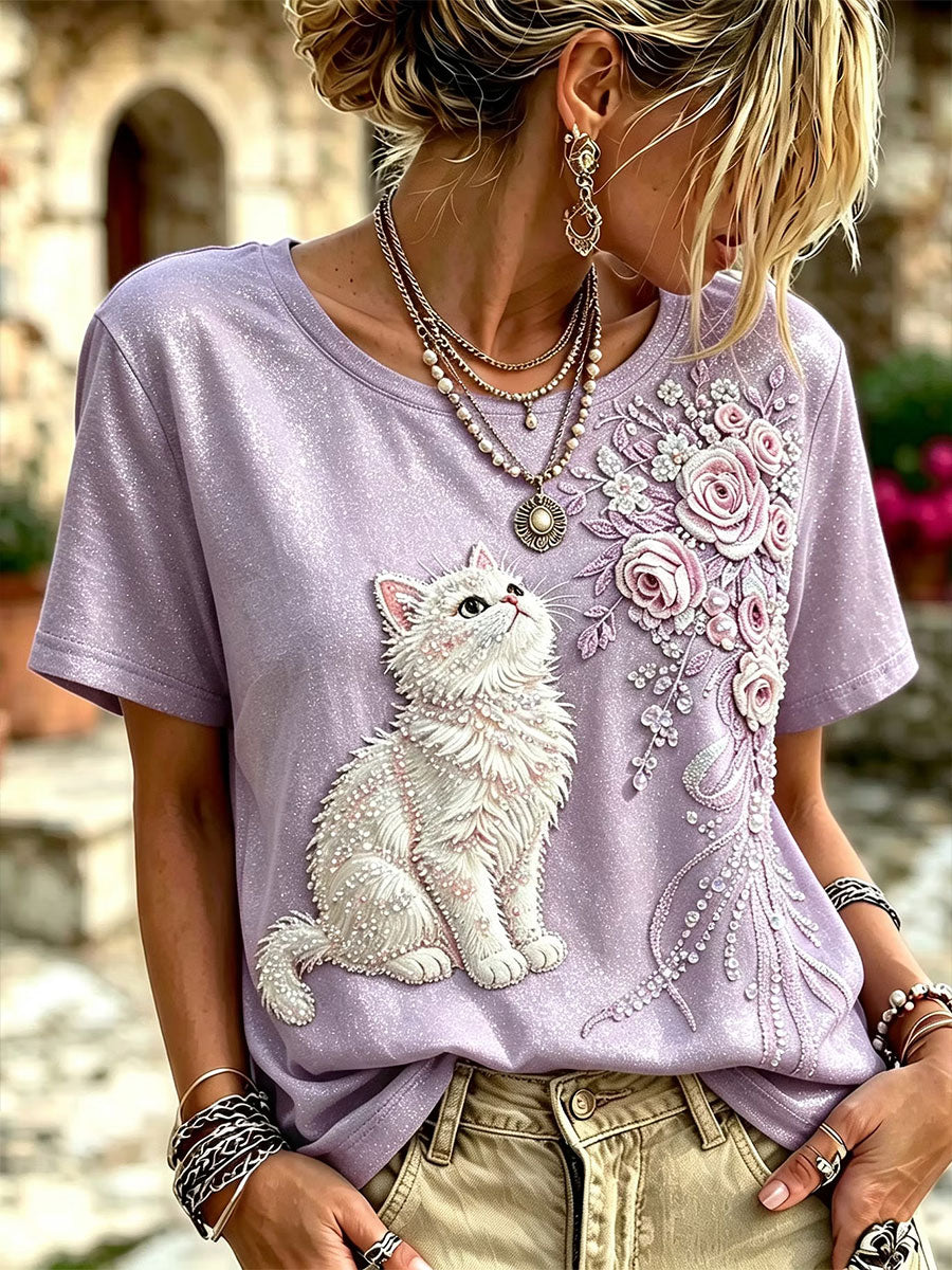 Damen-T-Shirt mit Katzen- und Blumenmuster