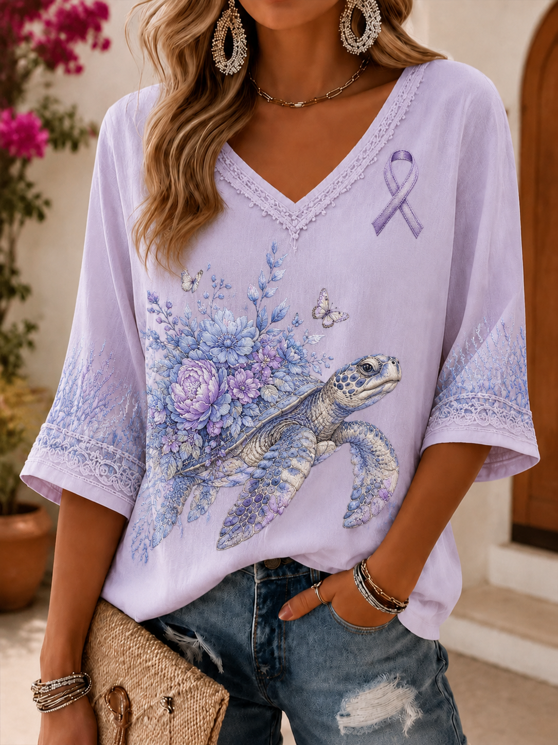 Frauen-Alzheimer-Krankheit mittellange Ärmel V-Ausschnitt T-Shirt