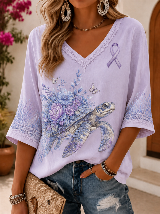 Frauen-Alzheimer-Krankheit mittellange Ärmel V-Ausschnitt T-Shirt