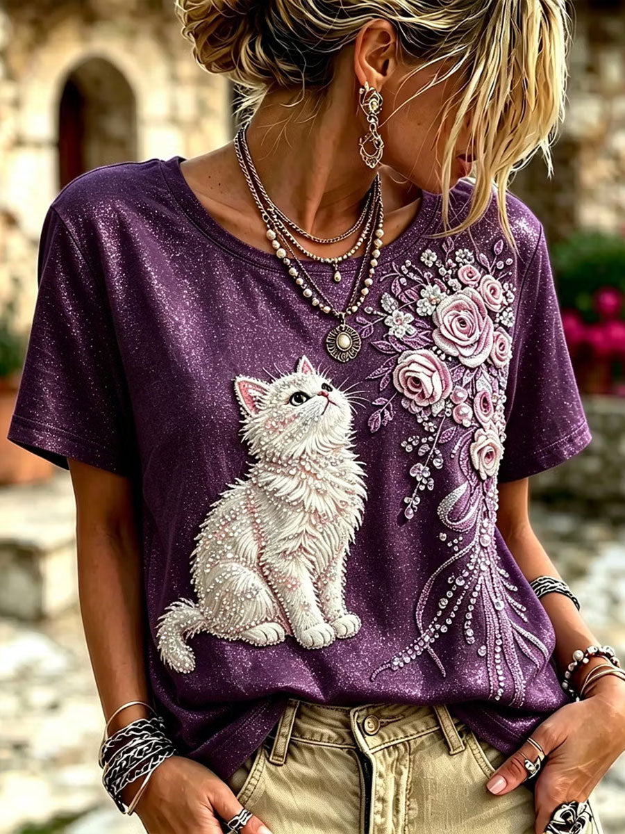 Damen-T-Shirt mit Katzen- und Blumenmuster