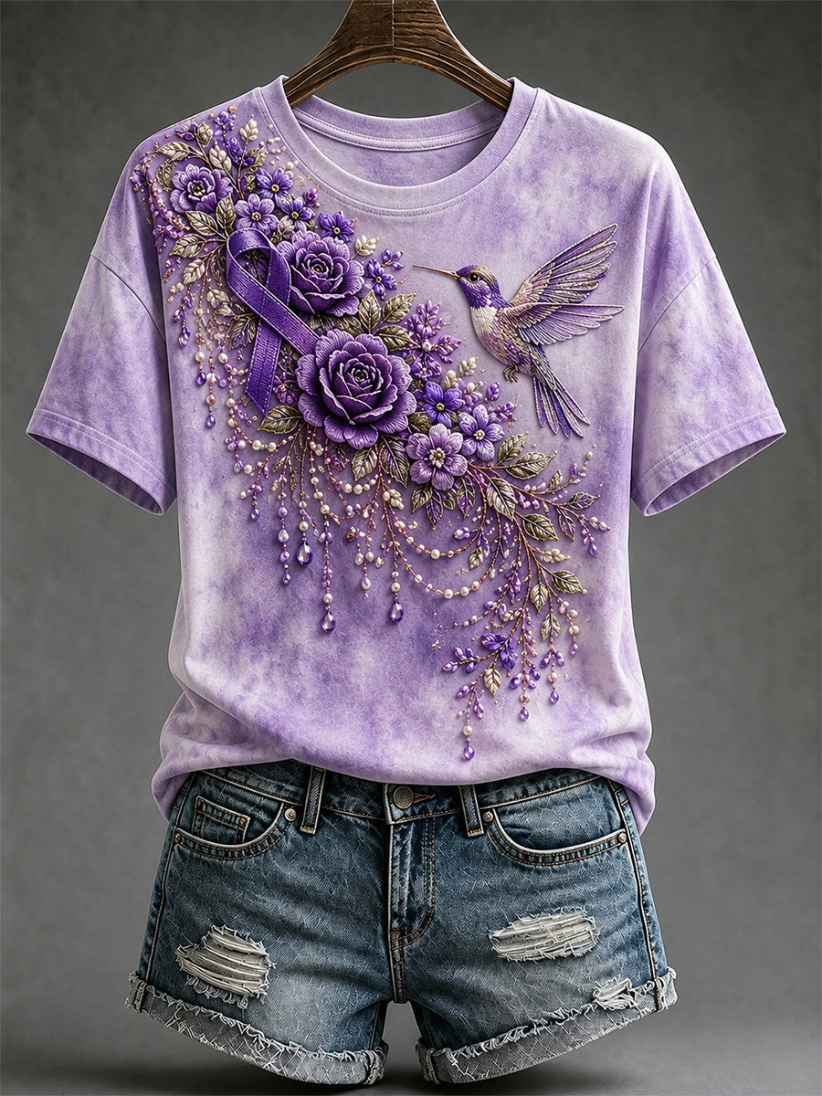 Damen-T-Shirt mit violetter Blumen- und Kolibri-Print-Aufschrift zur Sensibilisierung für Alzheimer, V-Ausschnitt