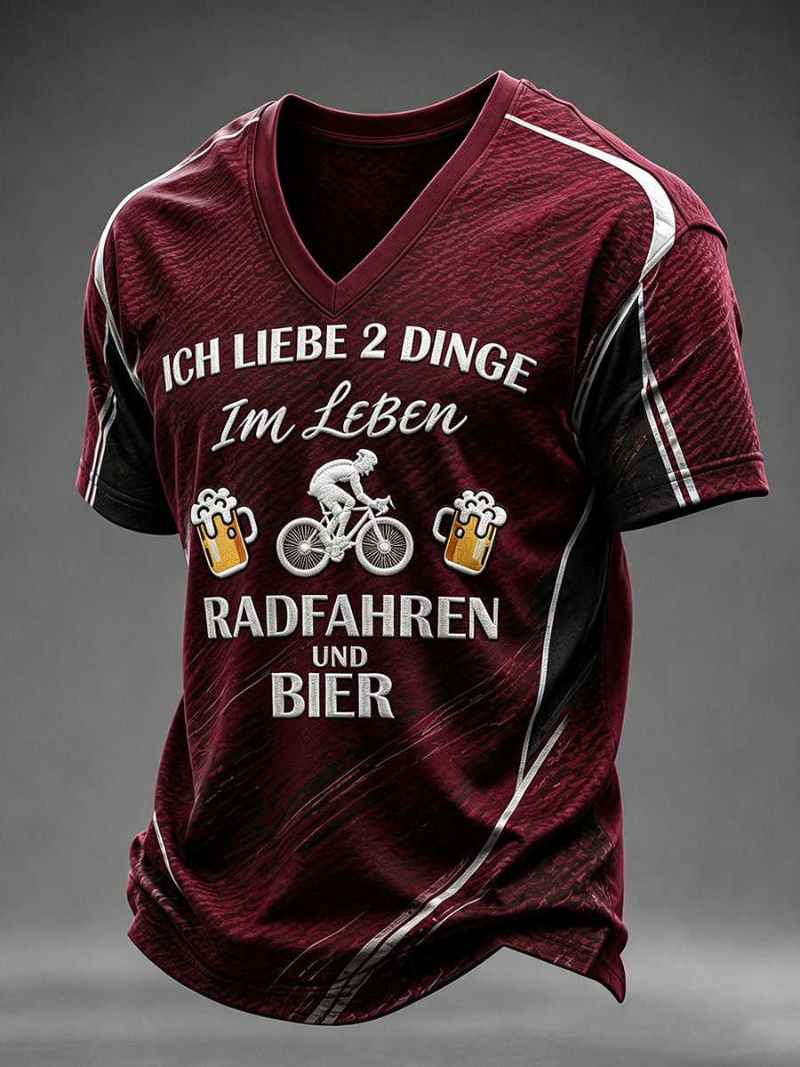 Herren ICH LIEBE 2 DINGE Im Leben RADFAHREN UND BIER T-Shirt mit V-Ausschnitt