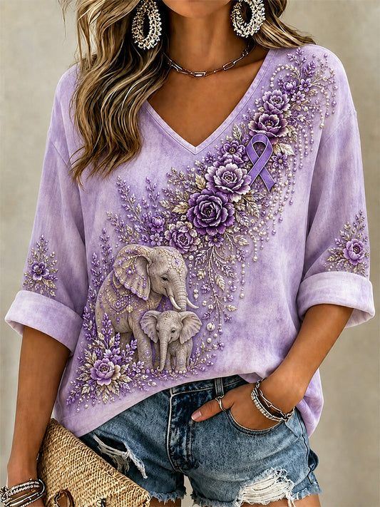 Damen-T-Shirt mit violetter Blumen- und Elefantenprint, V-Ausschnitt, zur Sensibilisierung für die Alzheimer-Krankheit