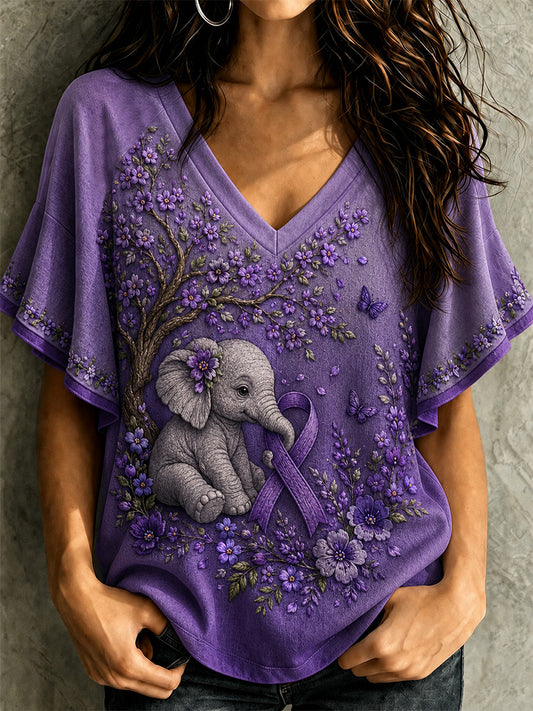 Damen-T-Shirt in Lila mit Blumen- und Elefantenmuster, Rüschenärmeln und Aufdruck zur Sensibilisierung für die Alzheimer-Krankheit