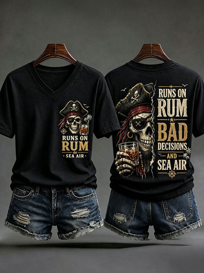 Damen-V-Ausschnitt-T-Shirts mit dem Aufdruck „Läuft auf Rum, schlechten Entscheidungen und Seeluft“