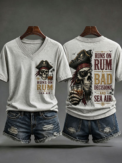 Damen-V-Ausschnitt-T-Shirts mit dem Aufdruck „Läuft auf Rum, schlechten Entscheidungen und Seeluft“