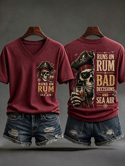 Damen-V-Ausschnitt-T-Shirts mit dem Aufdruck „Läuft auf Rum, schlechten Entscheidungen und Seeluft“