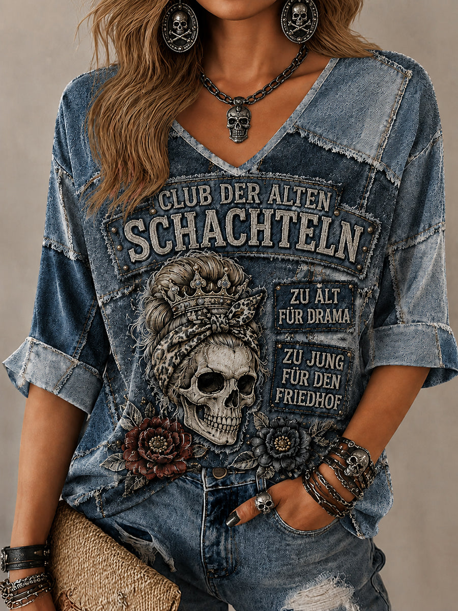 Frauen-T-Shirt mit witzigem Slogan-Print, mittellange Ärmel und V-Ausschnitt