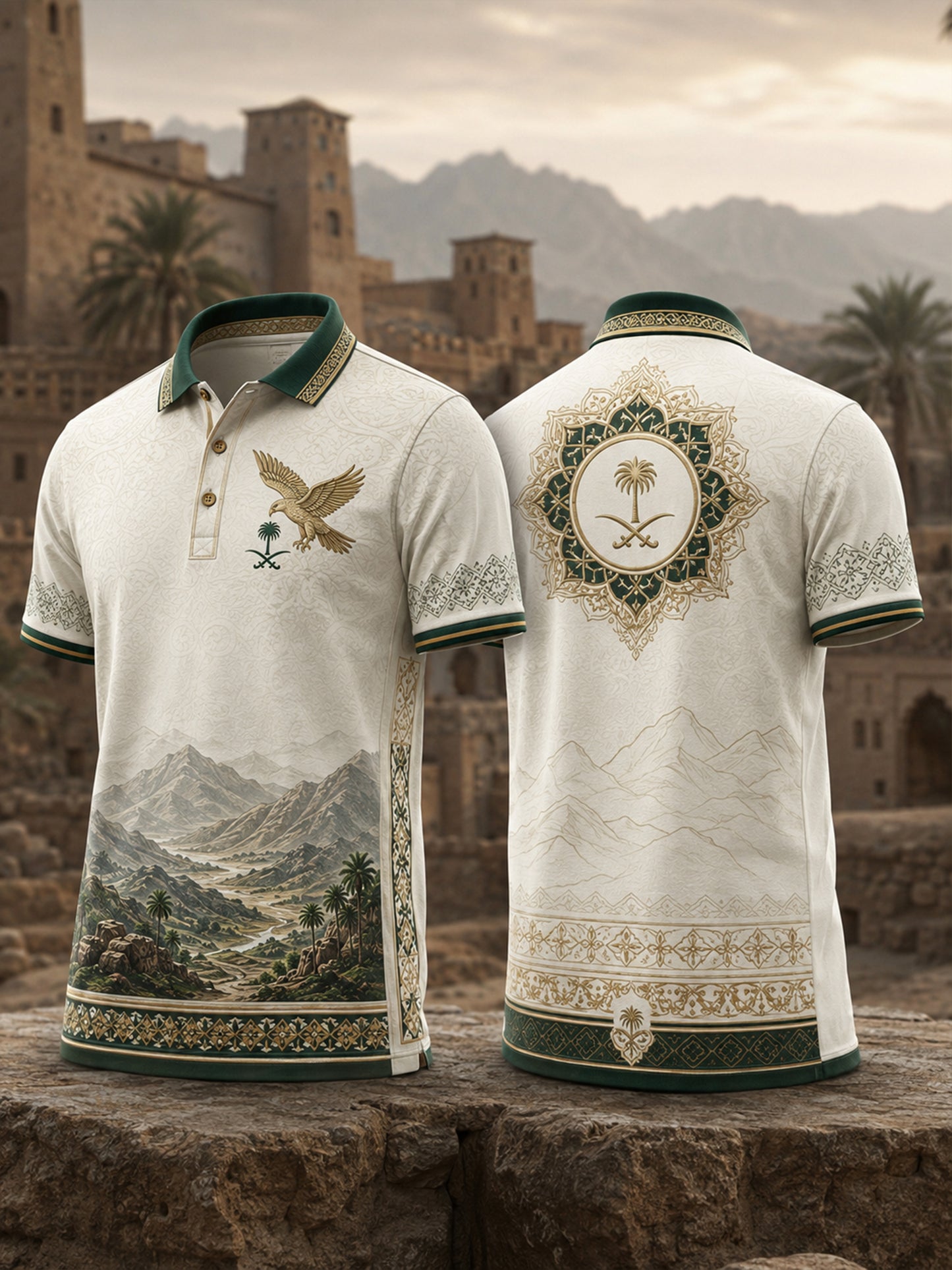 Men's Saudi Arabia National Day Polo With Cultural Elements And Artistic Print