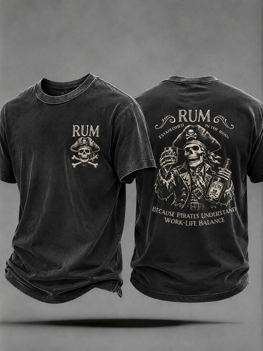 Herren-Fun-Casual-Unisex-T-Shirt mit dem Spruch „Weil Piraten Work-Life-Balance verstehen“
