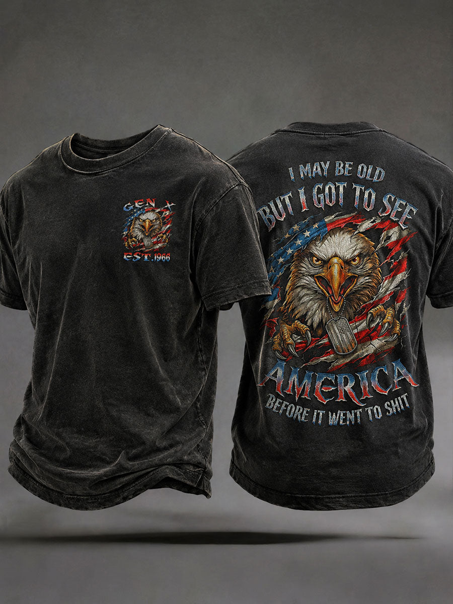 Herren-T-Shirts mit dem Spruch „Ich bin zwar alt, aber ich muss Amerika noch sehen, bevor es den Bach runtergeht“