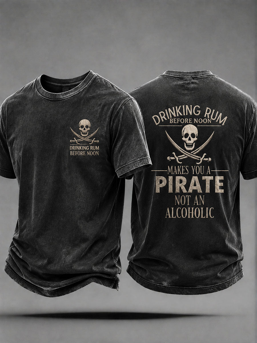 Herren-Fun-Casual-Unisex-T-Shirt mit dem Spruch: „Rum trinken vor Mittag macht dich zum Piraten, nicht zum Alkoholiker“