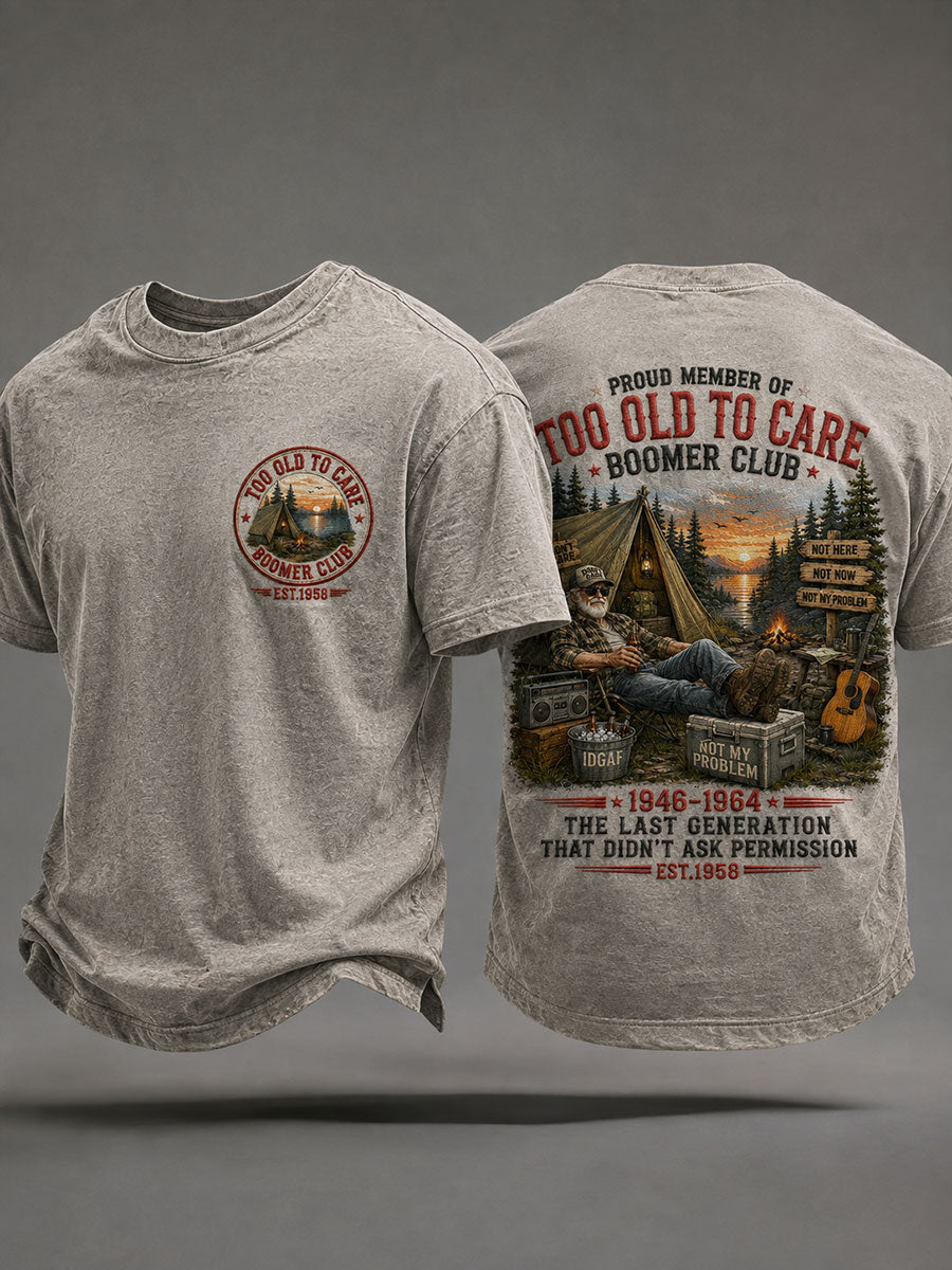 Herren-T-Shirts mit der Aufschrift: „Stolzes Mitglied des Boomer-Clubs – zu alt, um sich noch Sorgen zu machen“