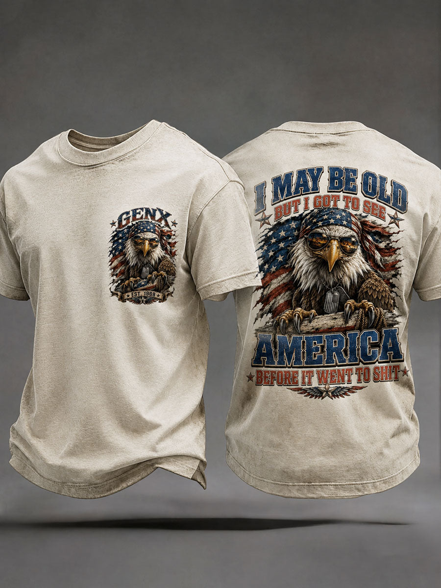 Herren-T-Shirts mit dem Spruch „Ich bin zwar alt, aber ich muss Amerika noch sehen, bevor es den Bach runtergeht“
