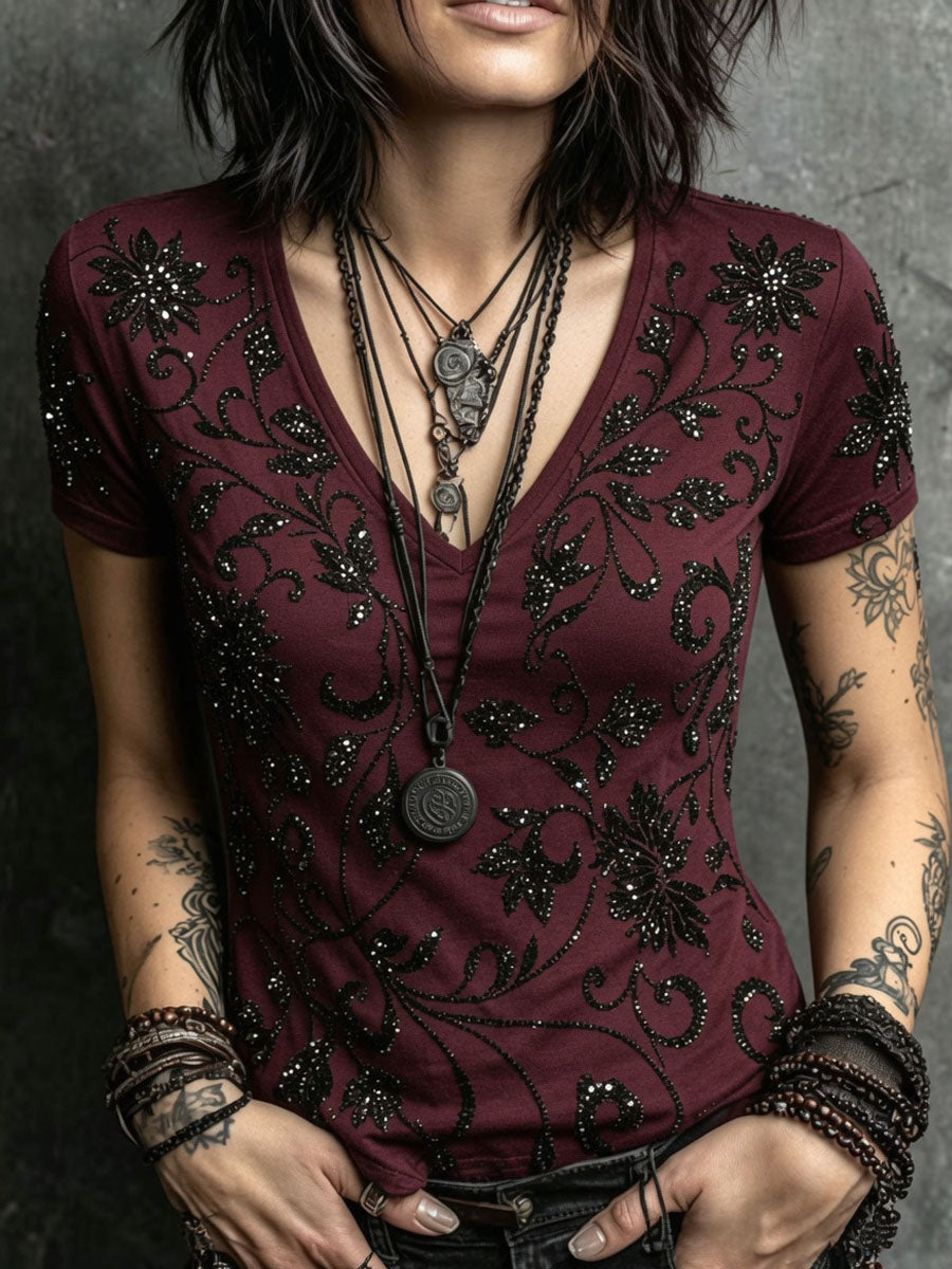 Bedrucktes lässiges Kurzarm-T-Shirt im Halloween-Gothic-Stil für Damen