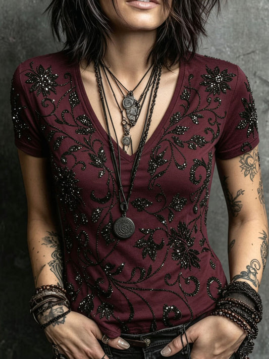 Bedrucktes lässiges Kurzarm-T-Shirt im Halloween-Gothic-Stil für Damen